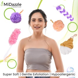 Midazzle Luxury Bathing Loofah Sponge Exfoliator Scrubber for High Lather Cleansing (Large, 55g, Pack of 2, Green & Yellow)