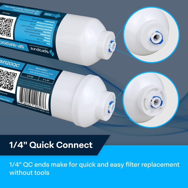 SpiroPure SP-IM120QC Inline Alkaline Carbon Water Filter, MineralPlus Remineralization, 1/4"