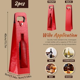 Betinyar Red Hollow-Out Wine Tote Bags, 2PCS Reusable Leather Wine Bag Tote, Wine Bag Double Wine Gift Bag, Crocodile Grain Wine Gift Bag for Picnic, Travel, Party, Birthday（2,Red Hollow