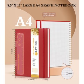 Graph Paper Notebook, Spiral Notebook Journal 8.5” x 11”, A4 Large Grid Notebooks for Women Men, 100 GSM Graph Paper, Plastic Hardcover Spiral Graphing Journals for Work School Engineerin, Red