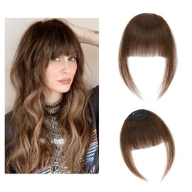 SLEEKALON Clip in Bangs Human Hair Wispy Bangs Brown Bangs Clip On Fake Bang Real Hair Bangs Fringe with Temples Full Bangs Flat Bangs Hairpiece for Daily Wear Women(#04-Medium Brown)