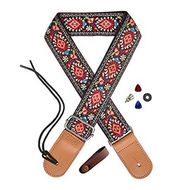 Ukulele Strap Jacquard Flower Cotton for Soprano Concert Tenor Baritone Banjo Mandolin Leather Ends Uke Strap, Musical Instrument Accessories Picks Neck Strap Lock Button (Red Flower)