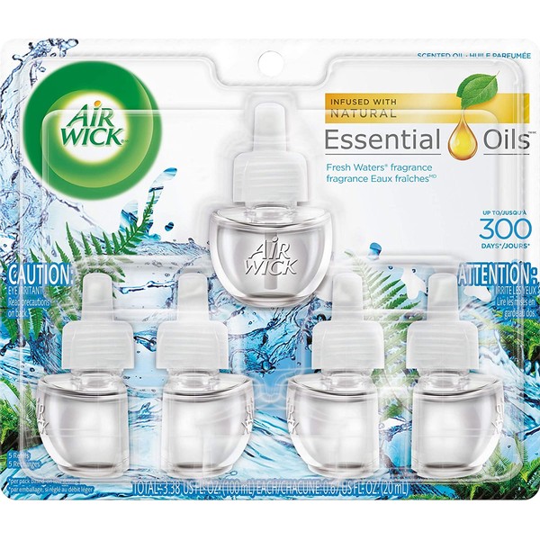 Air Wick plug in Scented Oil 5 Refills, Fresh Waters, (5x0.67oz), Essential Oils, Air Freshener