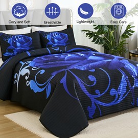 Xruibed Blue Quilt Set King Size, Blue Rose Flower Bedspread with Pillowshames, Soft Micorfiber Lightweight Bedding Set Floral Quilt Set for All Season (90"x110")