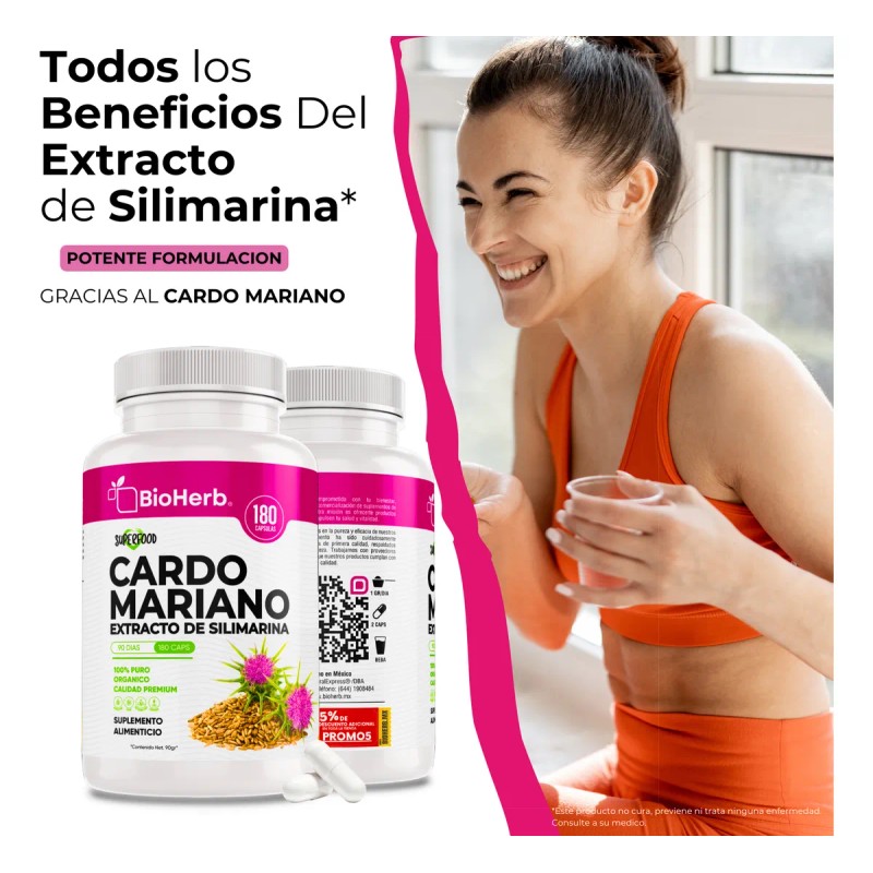 Cardo Mariano 100% Puro Extracto De Silimarina Bioherb 180 Cápsulas