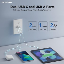 ELEGRP USB Outlets, 30W 6.0 Amp USB C Outlets Receptacles, 3-Port USB Wall Outlet, 15 Amp Tamper-Resistant Outlet with 2 USB C Ports, UL Listed, Screwless Wall Plate Included, 6 Pack, Matte White