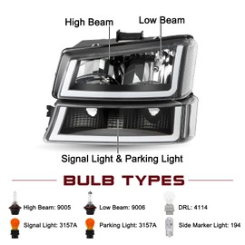 JSBOYAT Fit for 2003-2006 Chevy Silverado Headlight Assembly 4pcs w/LED DRL 03-06 Avalanche w/Bumper Lights OE Style Replacement with Bulbs Black Housing Clear Reflector U Shape