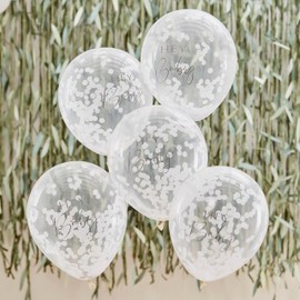 Ginger Ray Pack of 5 White Decorative Confetti Balloons for Baby Shower 5" x 12"
