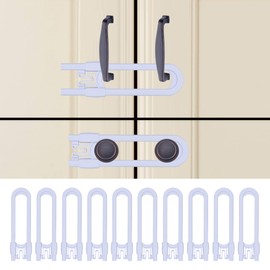 Sliding Cabinet Child Safety Locks - OKEFAN Baby Proofing Cabinet Lock Cupboard Latches for Kids on Closet Door Knobs Handles Pulls No Drill (10, White)