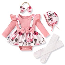 Unutiylo Preemie Baby Girl Clothes Cotton Infant Outfit Floral Suspender Dress Fall Romper Long Sleeve Onesie with Headband Pink