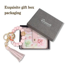 TSNSOEEO Keychain Wallet Wristlet RFID Small Credit Card Holder Bracelet Key Chain Purse Bangle Tassel Beads Key Rings for Women