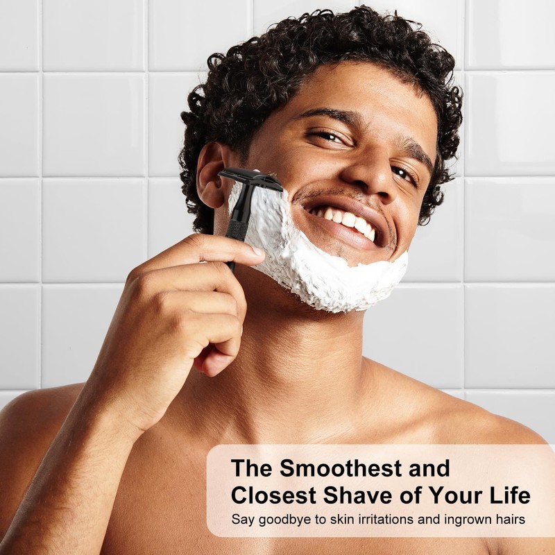 Matte Black Double Edge Safety Razor with Stand, Single Blade