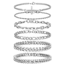 MJartoria 6 Pcs Chain Bracelet for Men Women- Cross Stainless Steel Bracelet for Men Cuban Curb Link Rope Paperclip Figaro Chain Bracelet Set Gifts for Men Dad Husband 8.3 Inches