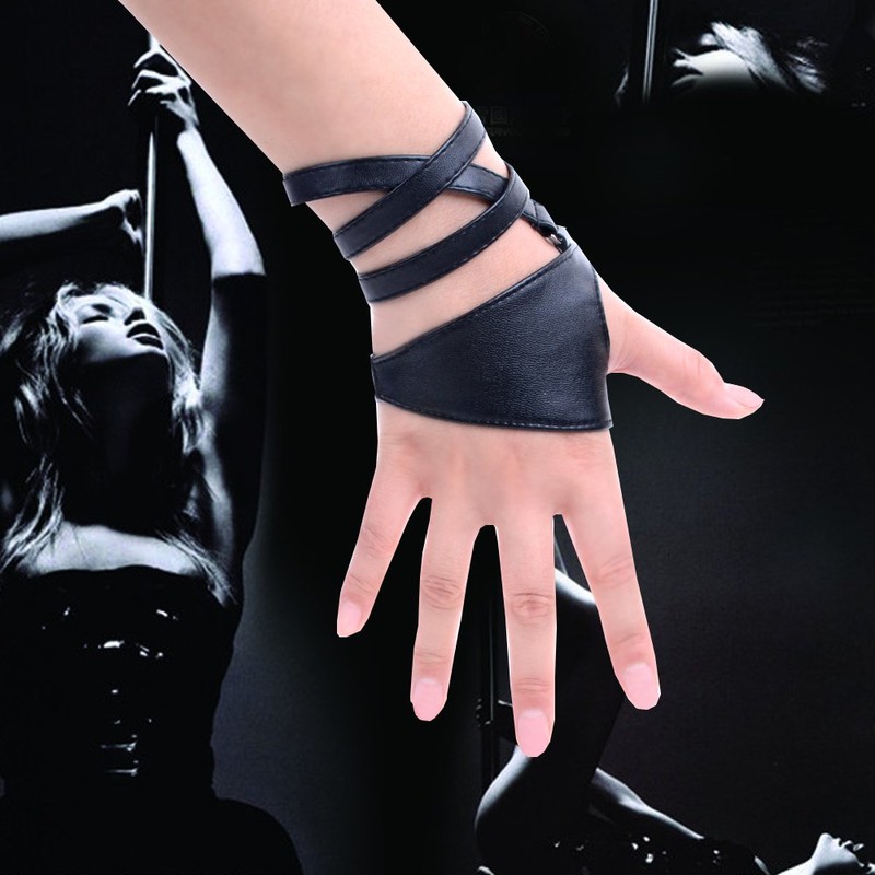 JISEN Women Half Palm Fingerless PU Leather Night Bar Band