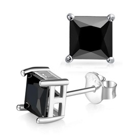 JIANGXIN Unisex Princess cut Black Onyx 925 Sterling Silver Stud Earrings Platinum Plated Fine Jewelry for Men Women 6mm
