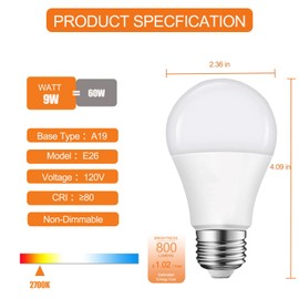 Anqueen Lin A19 LED Light Bulbs 60 Watt Equivalent, 2700K Soft White, E26 Standard Base, 9.5W 800 Lumens,Non-Dimmable Warm Light Bulbs, for Bedroom, Living Room etc.（3 Packs）