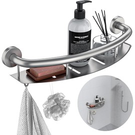 Brushed Nickel 18-inch Safety Grab Bar with Storage Shelf for Bathtub or Shower, Drainage Holes, Stainless Steel, Wall Mounted Grab Bars for Elderly Injured Balance Support