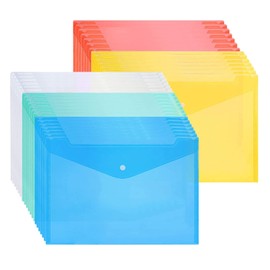 Plastic Envelopes, 30pcs A4 Size Poly Envelopes Document Folders with Snap Button Closure for School Home Work Office Organization, 5 Colors