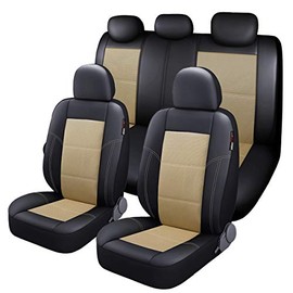 P&J AUTO Leather and Mesh Car Seat Cover Full Set in 9pcs Universal Fit for Cars Trucks Vans & SUVs Airbag Compatible (Beige)