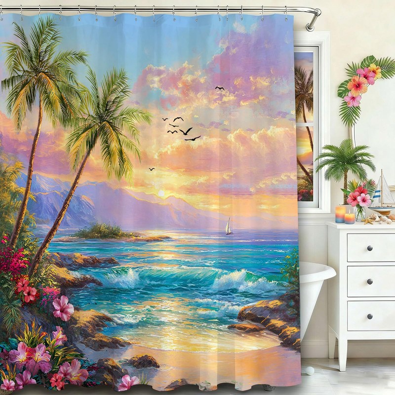 Mocsicka Beach Coastal Seaside Shower Curtain (Multicolor, 71x71 Inch)