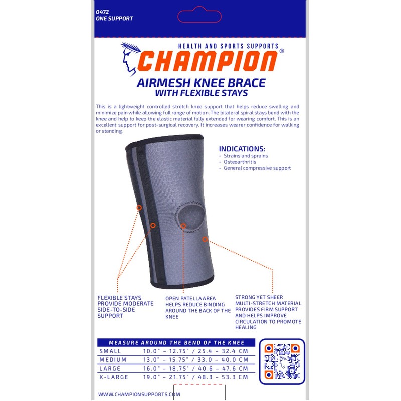 Champion Knee Brace, Medium Flex Stays, Open Patella, Airmesh Fabric,