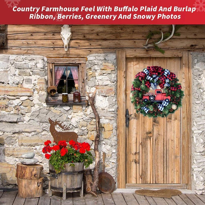 Farmhouse Red Truck Christmas Wreath Front Door Wall Hanging Decoration