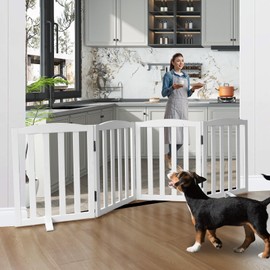 SFJC Freestanding Dog Gate Indoor,Doggie Gate Foldable Dog Gates for Doorways,Stairs or Hallways, Wooden White Pet Gate for The House, Pet Fence with Support Feet Included,24 "Height-4 Panels