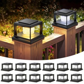 FOLKSMATE Solar Post Cap Lights 12 Pack, 2 Lighting Modes Cool/Warm White Outdoor Solar Powered, Waterproof Fence Deck Lights for 4×4 3.5×3.5 Wood Vinyl Posts, for Garden Patio Porch Decor, Black