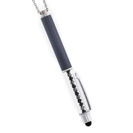 Luxurious ballpoint ‘Stylus’ pen necklace embellished with crystals. Rubber tip for cell phone & tablet use. 4mm glistening dark gray crystals. Glossy dark gray base with a 30” chain.