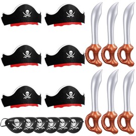 Legigo Juego de 18 piezas divertidas de fiesta pirata, incluye 6 sombreros de pirata, 6 parches para ojos, 6 espadas inflables para fiesta pirata, cosplay, accesorios de vestido caribeño