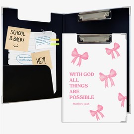Lacama Preppy Cute Bow Bible Clipboard with Storage for Office Classroom Desk, Coquette School Supplies, with God All Things are Possible Project Folders with Metal Clip for Women, 12.4x9.25 in