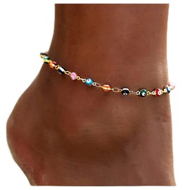 Dishowme Evil Eye Anklet Bracelet Boho Multicoloured Turkish Eye Anklet Blue Eye Summer Anklet Jewellery for Women Girls (Gold)