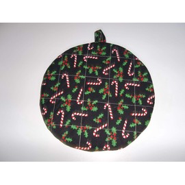Christmas Pot Holders Candy Canes and Holly Handmade Heat Resistant Double Insulated Quilted Hot Pads 9 Inches Round