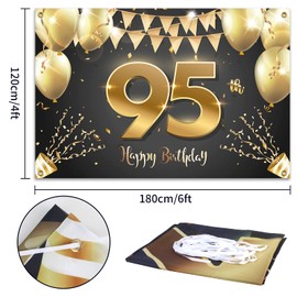 HAMIGAR 6x4ft Happy 95th Birthday Banner Backdrop - 95 Years Old Birthday Decorations Party Supplies for Women Men - Black Gold