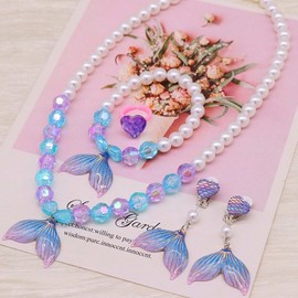 BAOBAOJOY Princess Jewelry for Little Girls, 5 Piece Mermaid Tail Jewelry Set, Stretch Necklace Bracelets Rings and Clip on Earrings, Perfect for Dress Up, Birthday Parties, and Costume Play, Purple
