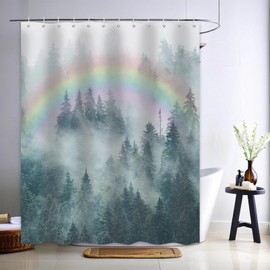 Yieldeer Rainbow Forest Shower Curtain, Nature Shower Curtains for Bathroom, Rustic Woodland Pine Tree Landscape Bathtub Curtain Men Bath Decor, Waterproof Polyester Fabric with Hooks, 60x72 inch