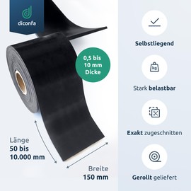 diconfa Rubber Strip Width 150 mm (15 cm) – Choice – Thickness: 1 to 10 mm – Length: 0.05 to 10 m – Selection: 2000 mm (200 cm) Long, 2 mm Thick – Rubber Mat Sold by the Metre Narrow Rubber Underlay