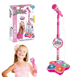 KQWVZ Kids Microphone And Stand, Kids Karaoke Machine With Stand, Adjustable Stand Up Kids Microphone Stand, Sing Musical Toy with Flashing Stage Lights for Girls Birthday Party Pastime (Pink)