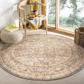 OPPODREAM Vintage Beige Round Rug 5ft, 5 ft Retro Washable Circle Rug Non Slip, Low-Pile Faux Wool Circular Carpet, Soft Distressed Tan Floor Mat for Living Room, Bedroom, Office, Dorm, Dinning Room