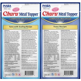 INABA Churu Meal Topper for Cats, Complete & Balanced, Creamy, Lickable Purée Cat Food Topper, 0.5 Ounce Tube, 48 Tubes (4 per Pack), 2 Flavor Variety Pack