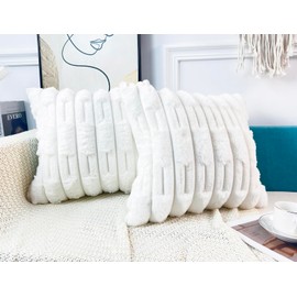 DRNOU Set of 2 Snow White Faux Fur Throw Pillow Covers 24 x 24 Inch,Plush 3D Stripted Pattern Decorative Boho Pillow Cover Case Cushion Cover for Sofa Couch Bed Livingroom Farmhouse,Modern Accent