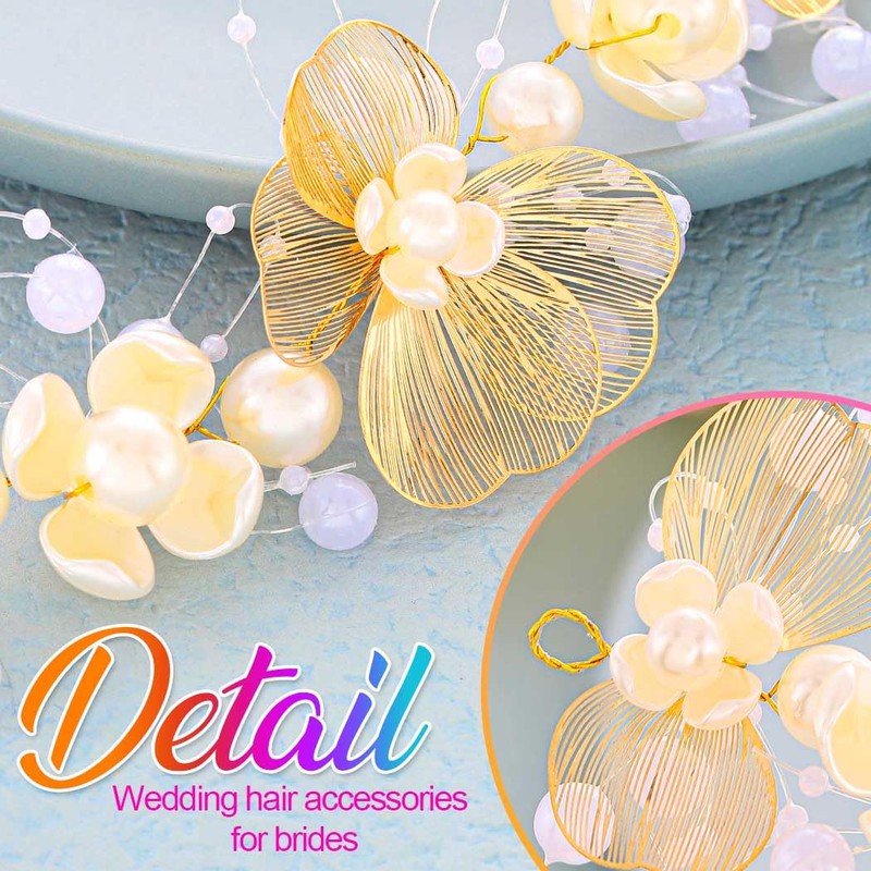 BARTOSI Bride Wedding Headband Gold Pearl Headpiece Bridal Hair Vine