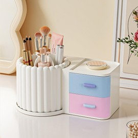 Anyoifax 360 Rotating Makeup Brush Holder 7 Slots Makeup Organizer with Drawer Removable Spinning Cosmetic Storage Pen Holder for Vanity, Dresser, Desk, Colorful