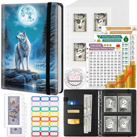 Money Saving Binder, 100 Envelopes Money Saving Challenge, Cash Envelopes Budget Binder & 3 Budgeting Planner Trackers, PU Leathers A5 Money Saving Planner Book，Wolf Under the Moon