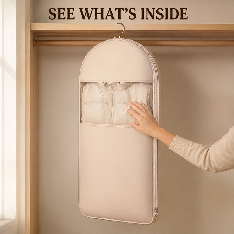 Beige Compression Hanging Garment Bag with Vacuum Seal and Clear