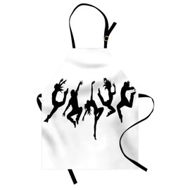 Lunarable Modern Apron, Silhouettes of Jumping People Teens Contemporary Dance Performance Themed Print, Unisex Kitchen Bib with Adjustable Neck for Cooking Gardening, Adult Size, Black White