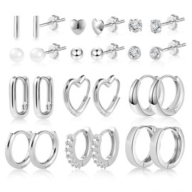 ALEXCRAFT 925 Sterling Silver Earrings Set Small Studs Earrings Silver Hoop Earrings for Women, Multipack Piercing Mini Tiny Zircon Ball Studs Silver Heart Square Oval Cartilage Huggie Hoop Earrings