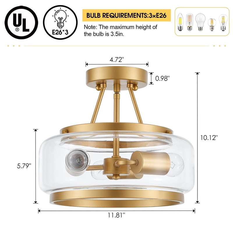 MERCASA Modern Gold Semi Flush Mount Ceiling Light,3-Lights Gold Glass