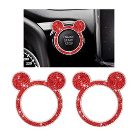Augeny Bling Car Engine Start Button Cover, Rhinestone Key Ignition Knob Ring, Sparkling Push to Start Button Sticker for Women, Universal Car Accessories for Interior Decoration (2PCS, Red)