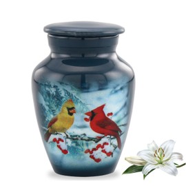 Immortal Memories Cardinal Birds Keepsake Urn - Cardinal Couple Mini Urn for Ashes - Cozy Cardinals Sharing Urn - Cardinals Memorial Token Urn with Velvet Case & Bag (Keepsake), Gray, (CC-K Keepsake)